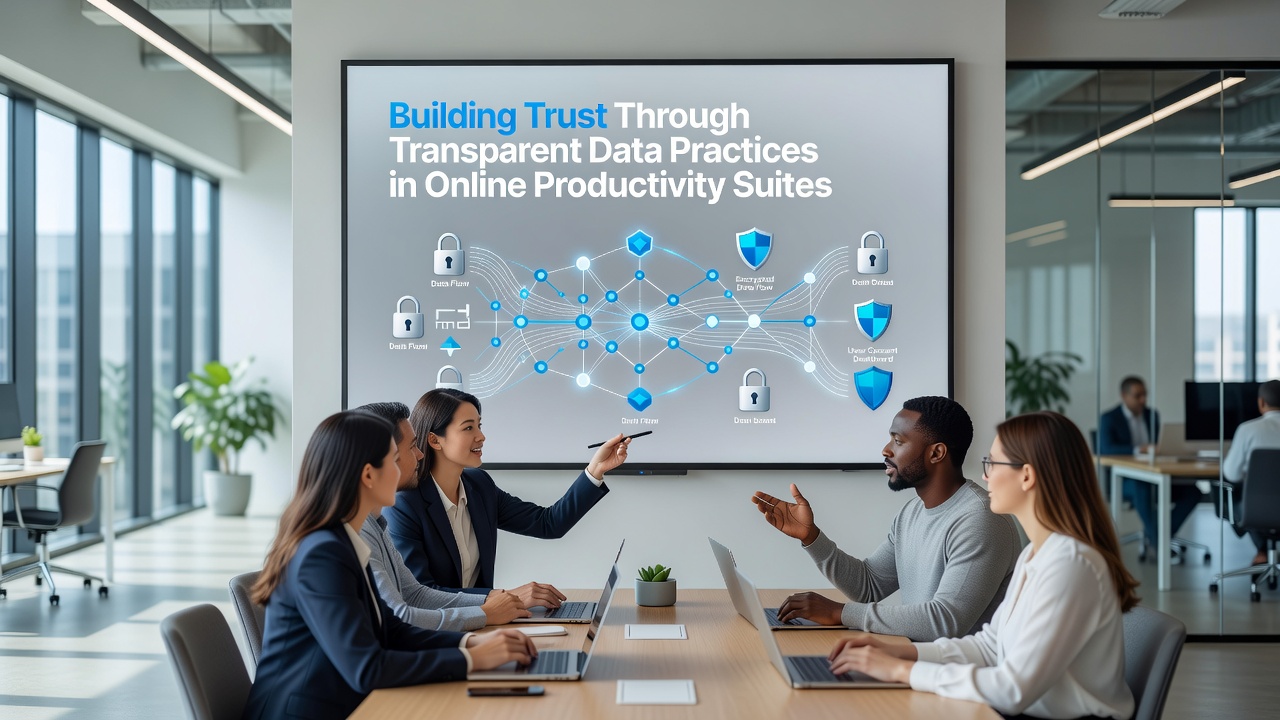 Team members reviewing data transparency reports on shared screens in a modern office setting